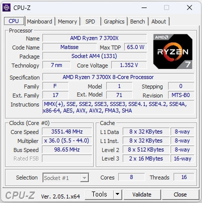 CPU-Z 실행한 모습